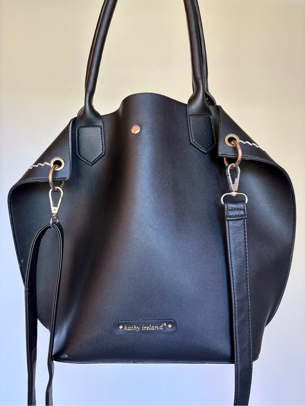 Kathy Ireland Black Faux Leather Tote with Removable Shoulder Strap